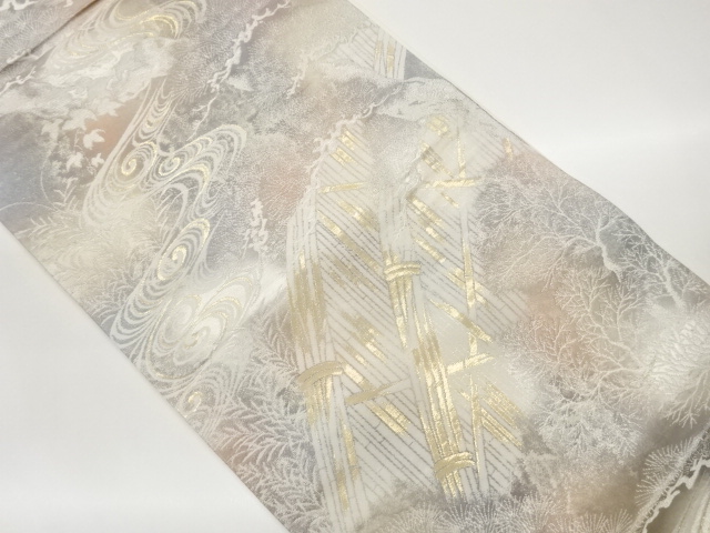 JAPANESE KIMONO / DOUBLE-DRAWN FOIL BAMBOO FENCE / KANZE-MIZU / PINE /